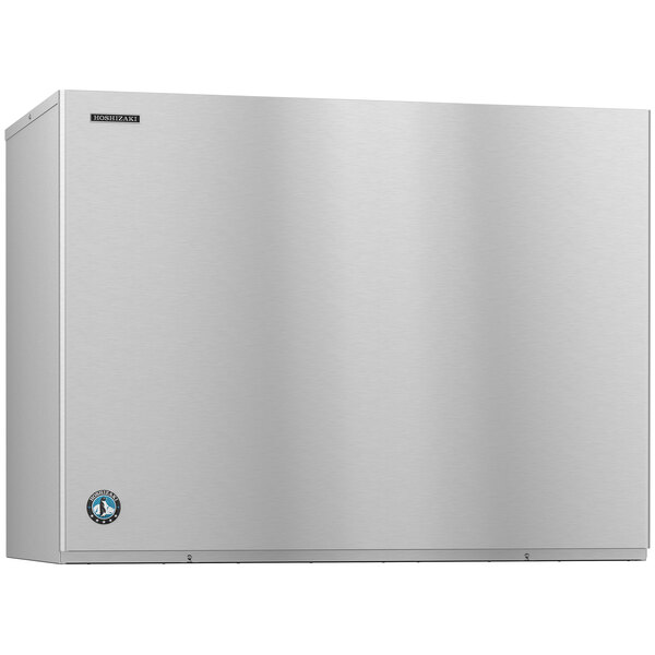 A stainless steel Hoshizaki water cooled ice machine with a logo.