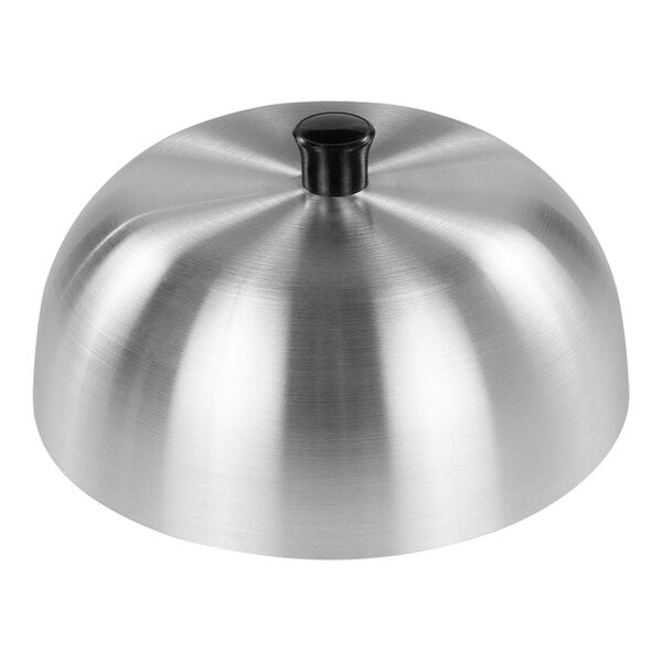 A silver metal lid with a black handle.