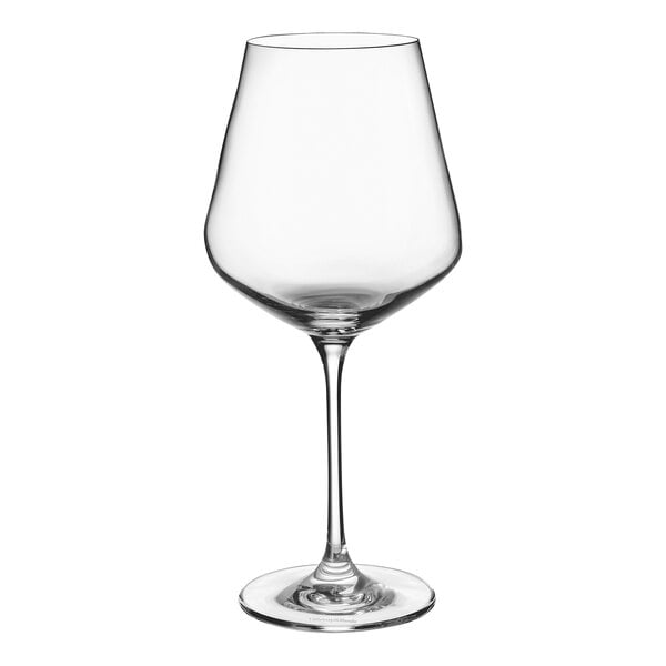 A close-up of a clear Villeroy & Boch La Divina wine glass with a stem.