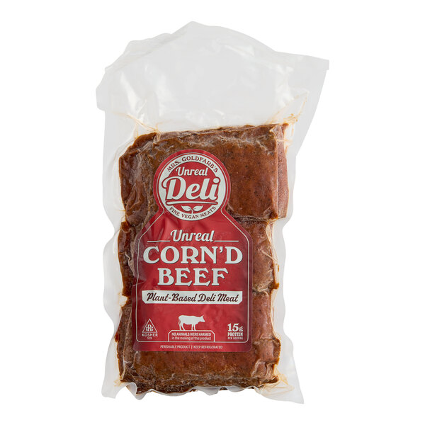 A package of Unreal Deli plant-based corn'd beef on a white background.
