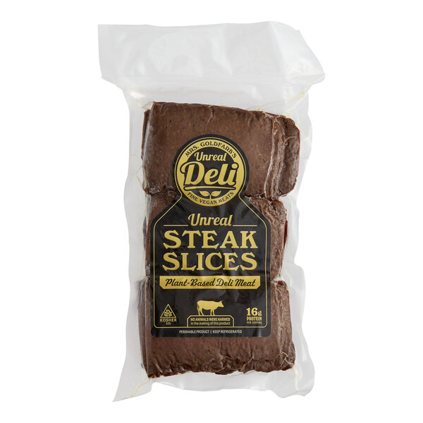 A package of Unreal Deli Plant-Based Vegan Steak Slices.