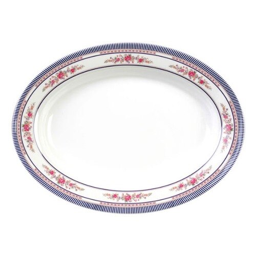 A white oval Thunder Group melamine platter with blue trim and pink roses.