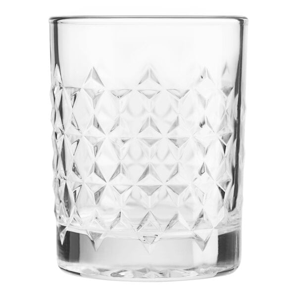 A close up of a Libbey Oracle Rocks glass with a diamond pattern.