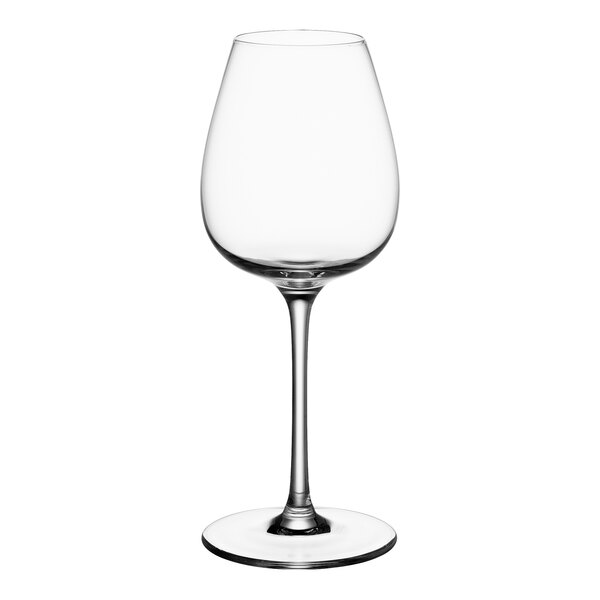 A close-up of a clear Villeroy & Boch white wine glass with a stem.