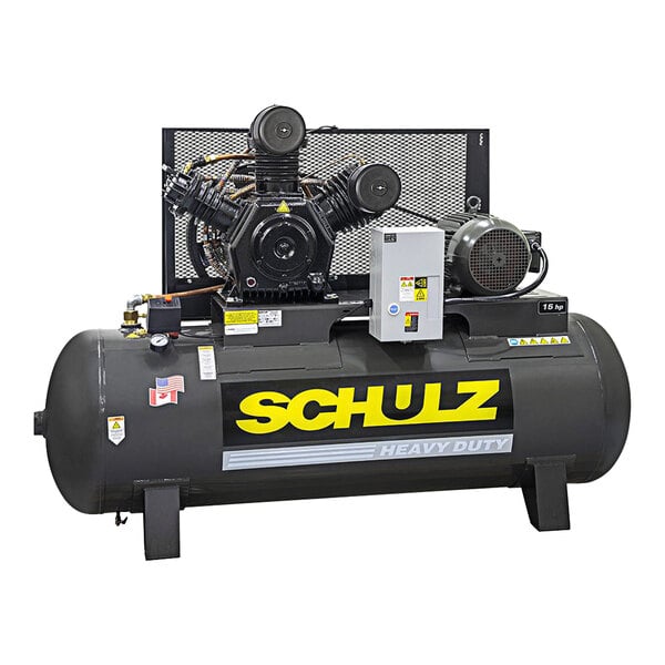 A close-up of a Schulz of America horizontal air compressor with a black tank and yellow accents.