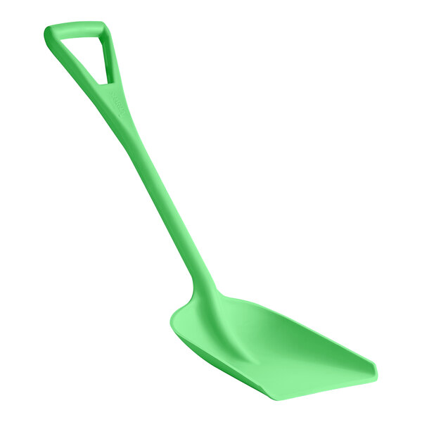 A Carlisle lime green plastic food service shovel with a handle.