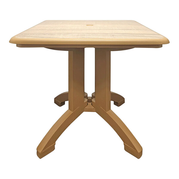 A Grosfillex square resin table with teakwood legs.
