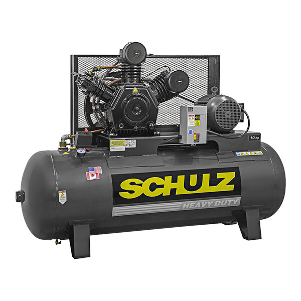 A Schulz of America V-Series horizontal air compressor with a black tank.