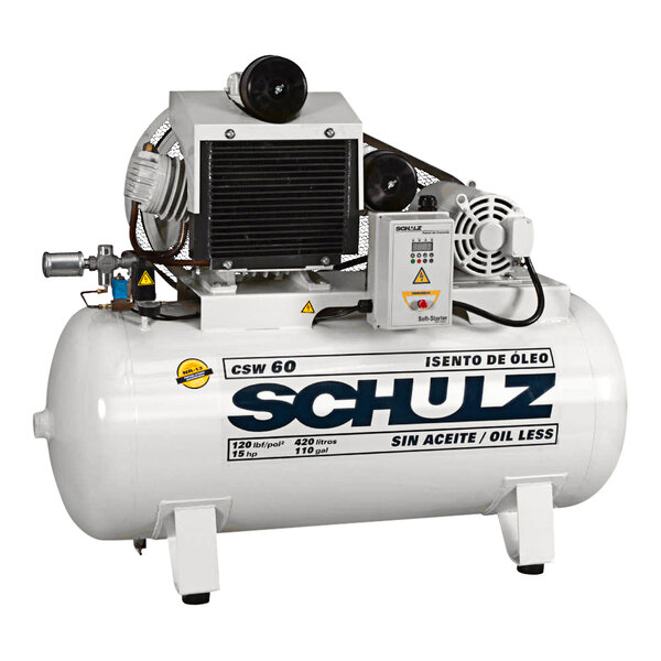 A Schulz of America horizontal air compressor with a white tank and black text.