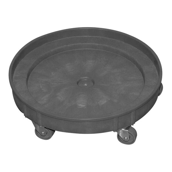 A black round polypropylene dolly with wheels.