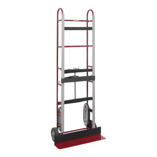 A red and silver Wesco Industrial Products steel appliance hand truck with wheels.
