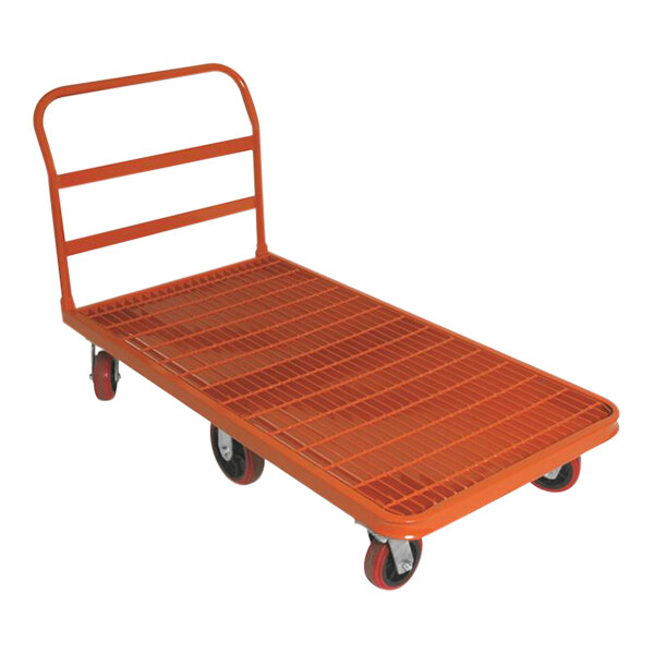 An orange metal Wesco Industrial Products platform truck with wheels and a grid deck.