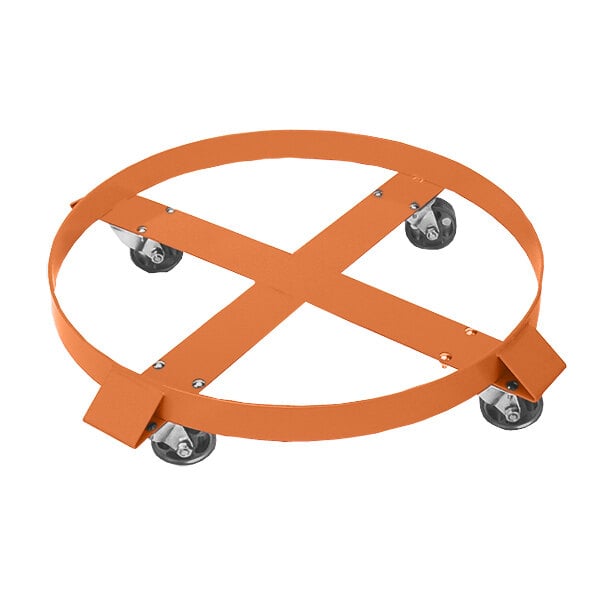 A Wesco steel dolly with orange wheels and a cross.