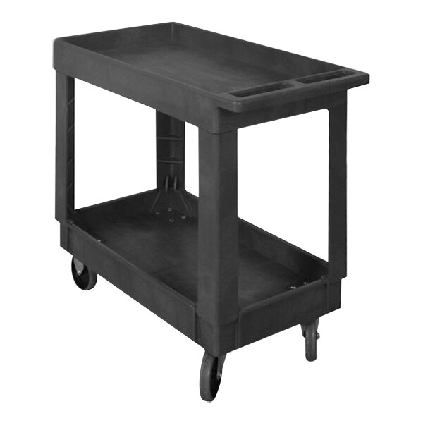 A black Wesco plastic service cart with wheels.