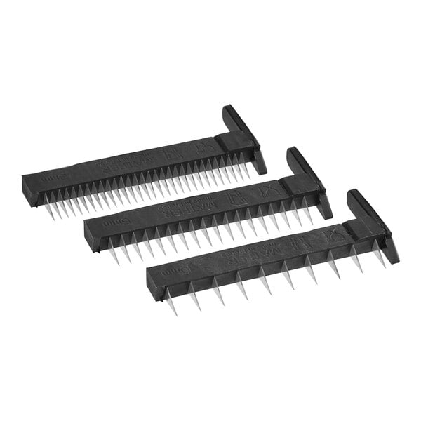 Three black plastic comb holders with sharp teeth.