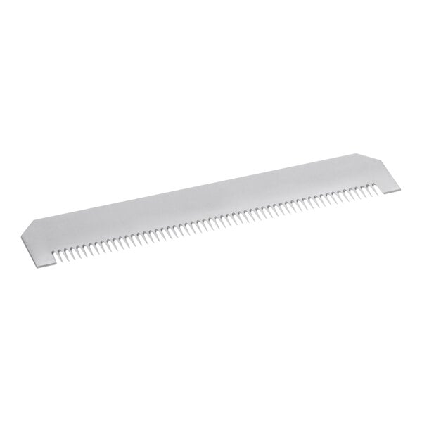 A white comb with teeth and a white handle.