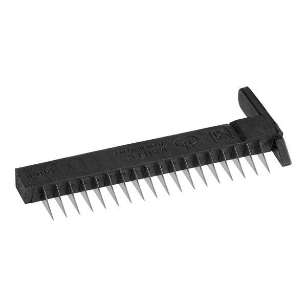 A black rectangular object with sharp teeth.
