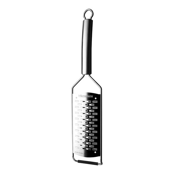 A Microplane stainless steel paddle style ribbon grater with a metal handle.