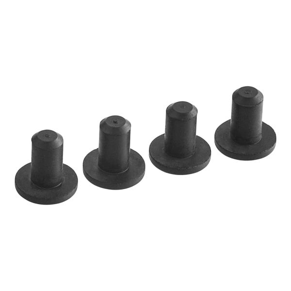 A set of four black rubber feet with a round top.