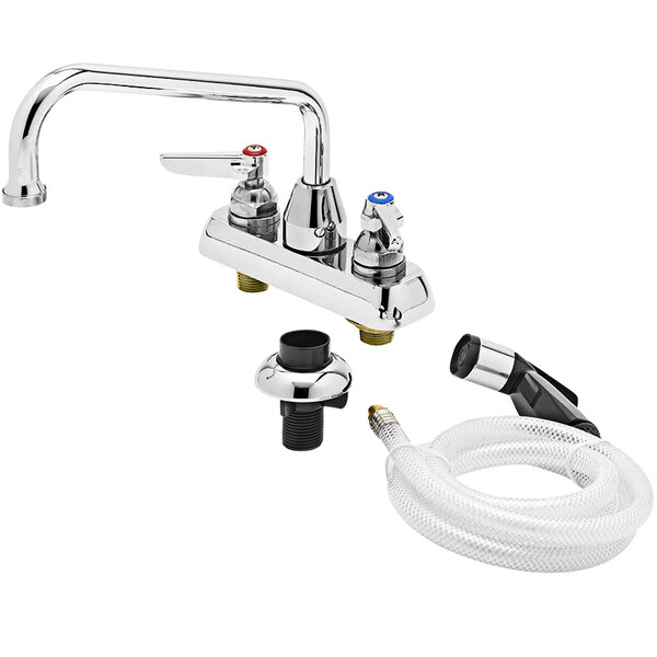 A chrome T&S deck-mounted workboard faucet with a self-closing spray valve and 8" swing nozzle.
