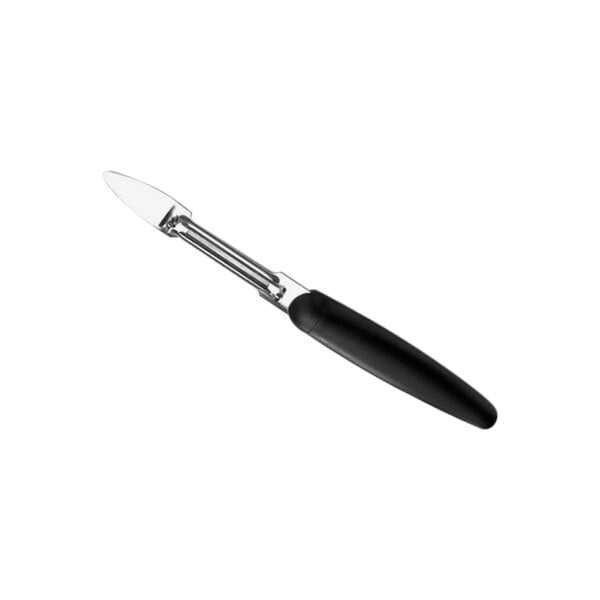 A Matfer Bourgeat peeler with a black handle and silver swivel blade.