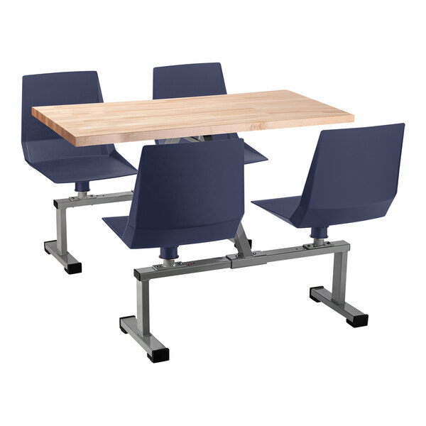 A National Public Seating butcher block cafeteria table with a wooden base and blue chairs.