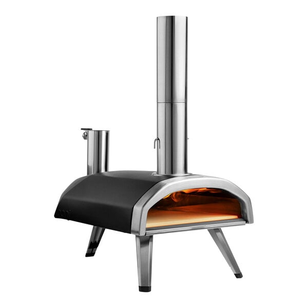 A black and silver Ooni Fyra 12 pizza oven on a stand.