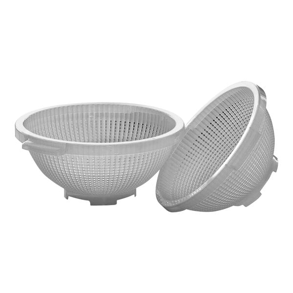 A white plastic colander with a base and handles.