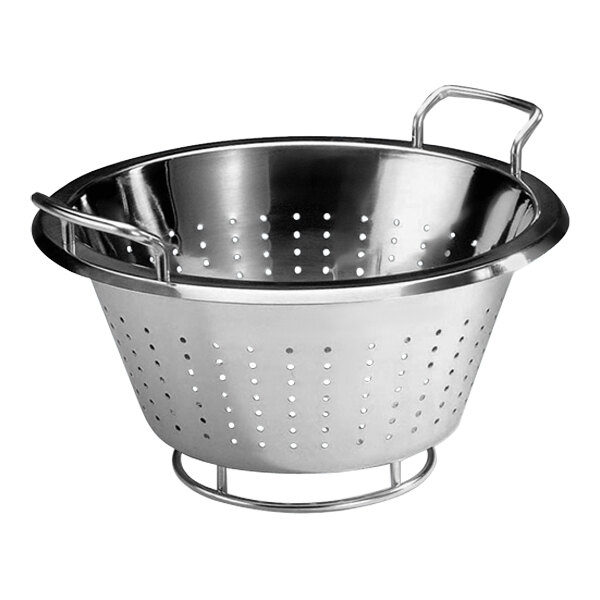 A close-up of a silver Matfer Bourgeat stainless steel conical colander with handles and a base.