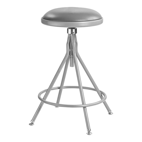 A round National Public Seating lab stool with a gray padded seat and metal base.