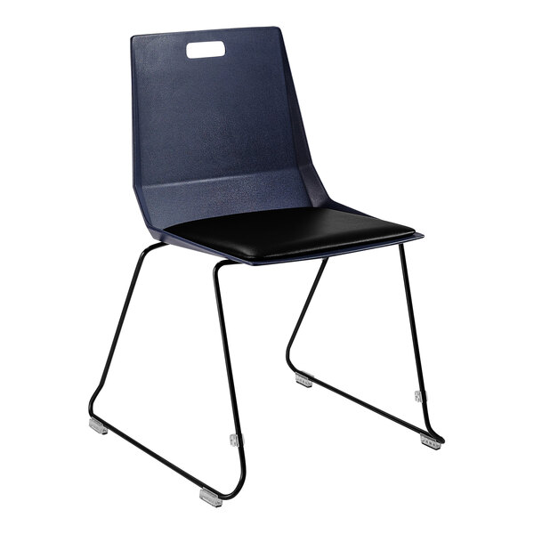 A National Public Seating blue plastic chair with a black padded seat and black legs.