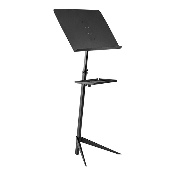 A black National Public Seating adjustable conductor's stand with a tray on it.