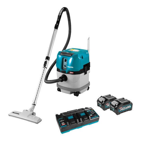 A Makita cordless wet/dry vacuum with batteries and a hose.
