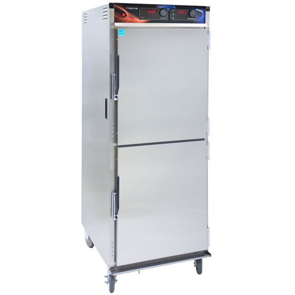 A stainless steel Cres Cor holding cabinet with two solid Dutch doors.