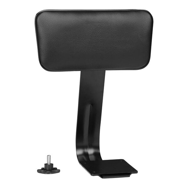 A black vinyl backrest for a National Public Seating chair with a black metal stand.