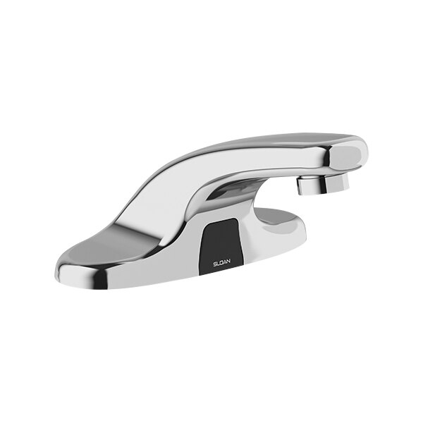 A close-up of a Sloan polished chrome hands-free deck mount faucet with a black button.
