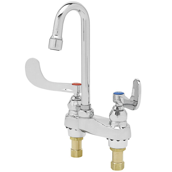 A chrome T&S medical faucet with two wrist action handles and a gooseneck spout.