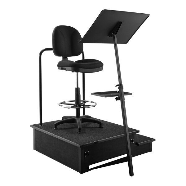 A black National Public Seating chair with a stand.