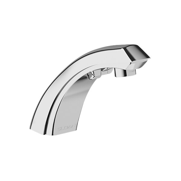 A Sloan chrome deck mount sensor faucet with a white background.