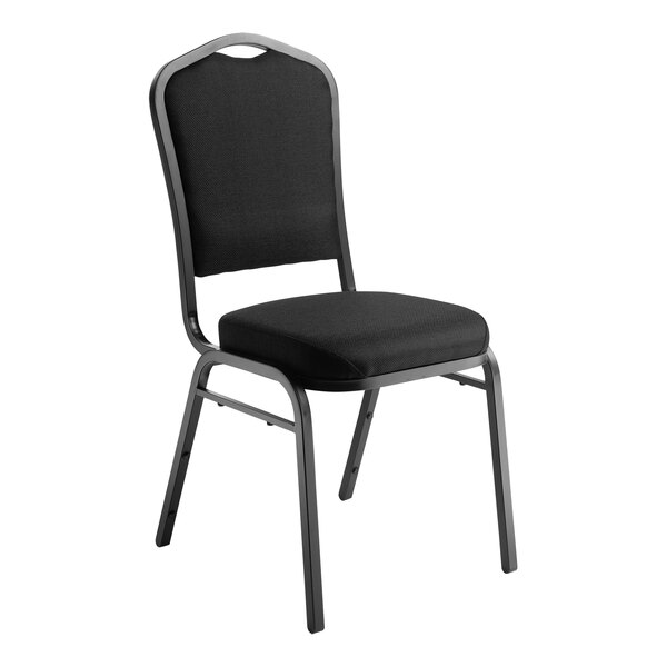 A National Public Seating black stack chair with black fabric seat and back on a metal frame.