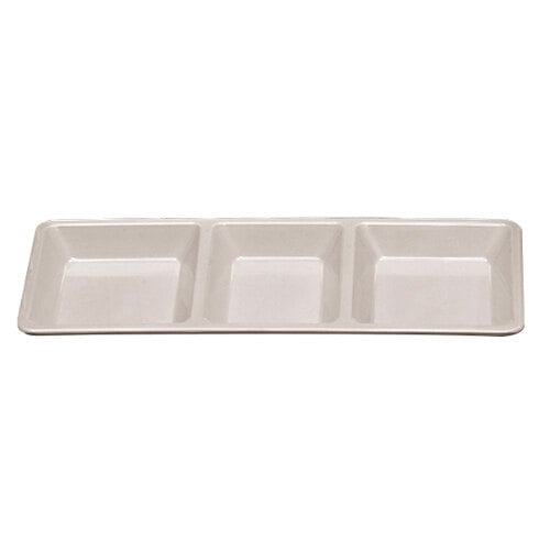 A white rectangular Thunder Group melamine tray with three compartments.