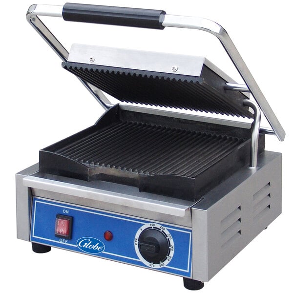 A Globe Bistro Series sandwich grill with grooved plates and a blue handle.