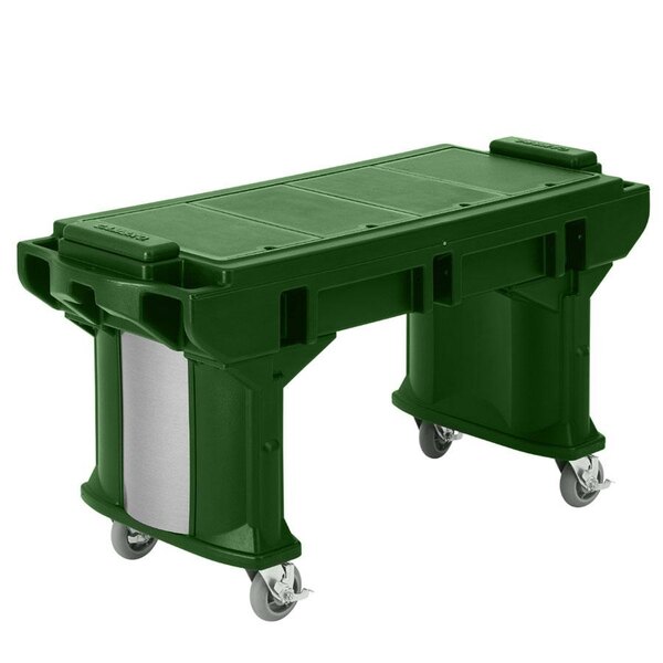 A green plastic cart with wheels.