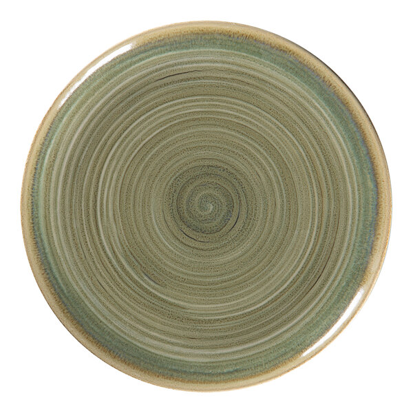 A close up of a RAK Porcelain emerald flat coupe plate with a spiral design.