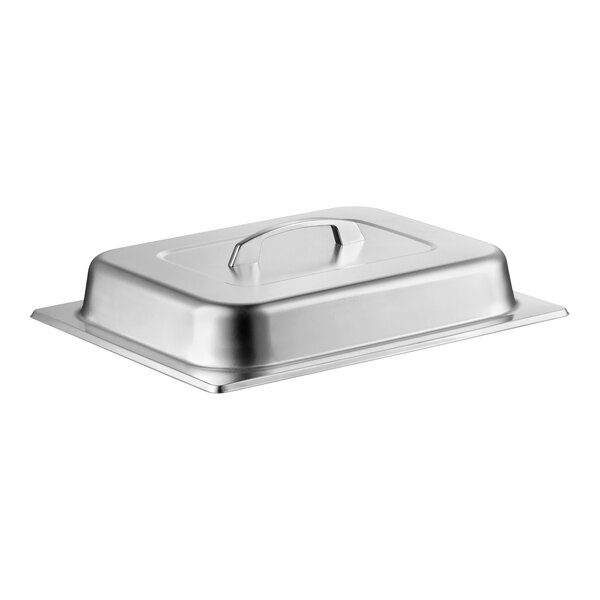A stainless steel rectangular chafer cover with a chrome handle.