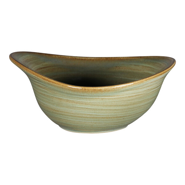 A close-up of a RAK Porcelain deep porcelain bowl with a curved edge.