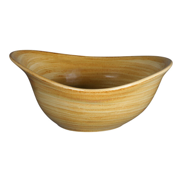 A close-up of a RAK Porcelain Garnet Organic Deep Porcelain Bowl with a curved edge.