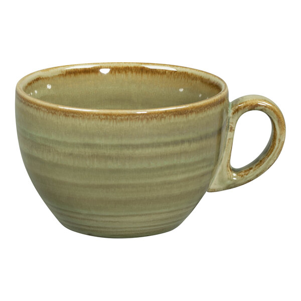 A close-up of the RAK Porcelain Emerald coffee cup with a handle.
