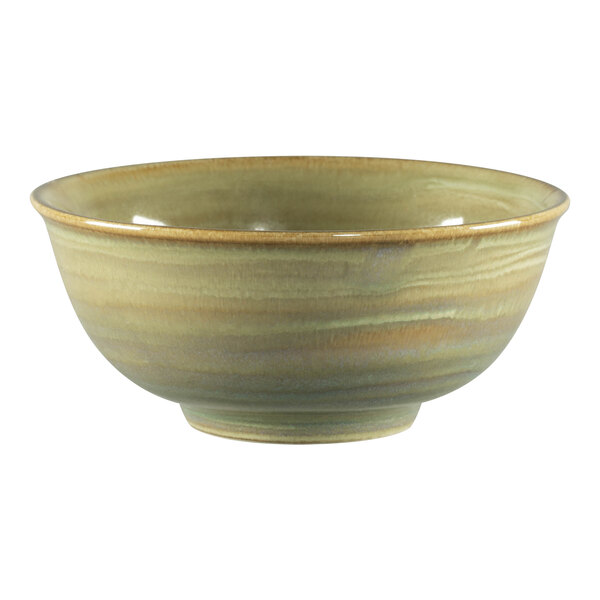 A close-up of a RAK Porcelain Emerald bowl with a green and brown design.