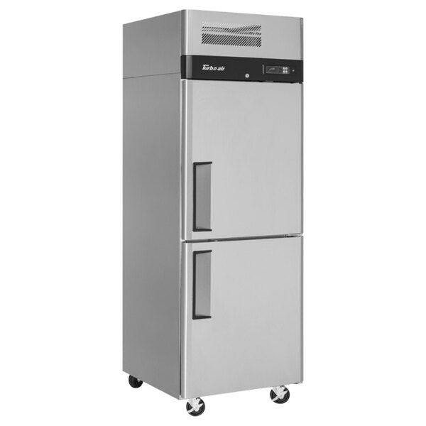 A silver stainless steel Turbo Air M3 Series reach-in freezer with two left hinged doors.